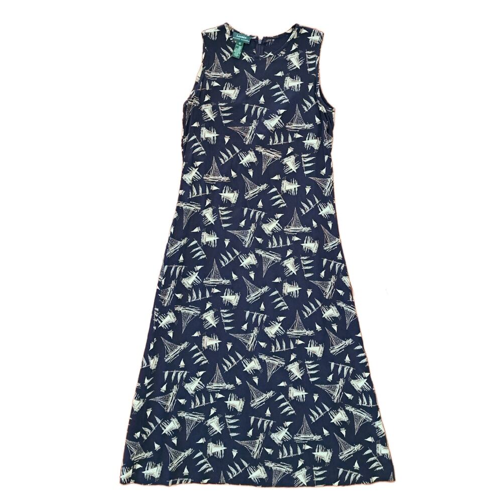 Lauren Ralph Lauren Vintage 100% Silk Nautical Sailboat Maxi Dress Navy Size 10 - Picture 8 of 11